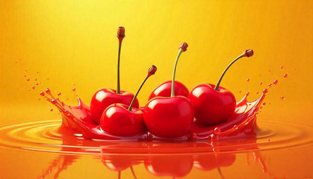Vibrant red cherries splashing in a pool of juice