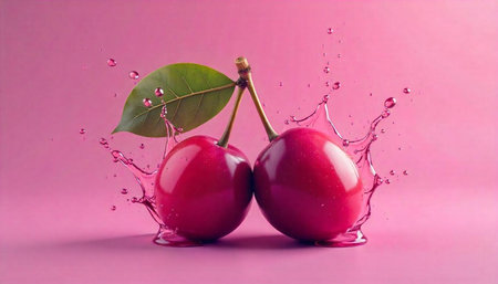 Fresh cherries with water splash on pink background image
