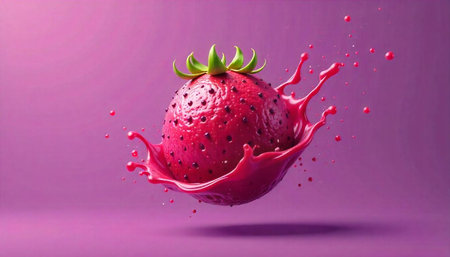Strawberry splash illustration, vibrant colors, pink backgroundの写真素材