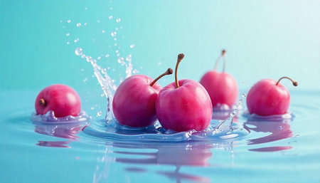 Cherries splashing in water against a blue background image