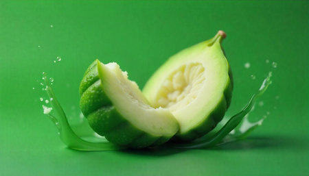 Fresh green melon with splash on a monochrome background