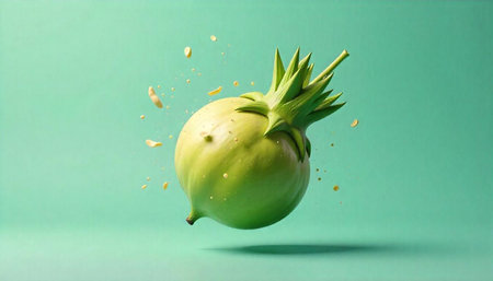 Green fruit floating with liquid splashes on light teal background