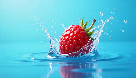Fresh raspberry splashing into crystal clear aqua water