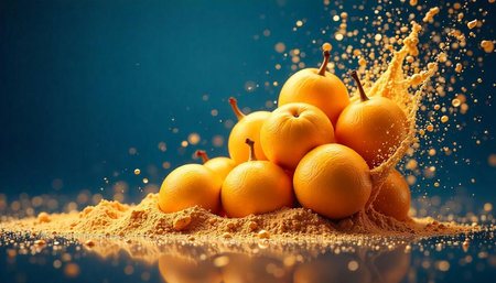 Stack of Oranges with Juice Splash on Reflective Surface