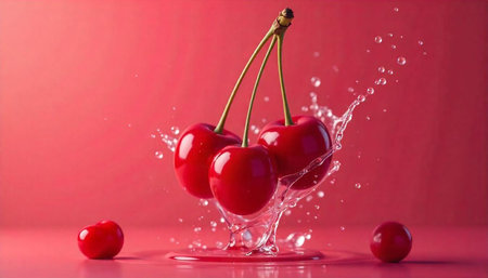 Three cherries with stems and water splash on background