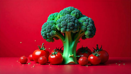 Broccoli Tree Surrounded by Strawberries and Tomatoes on Red