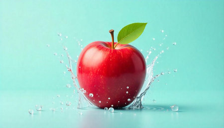 Vibrant red apple with splashing water against turquoise backdrop