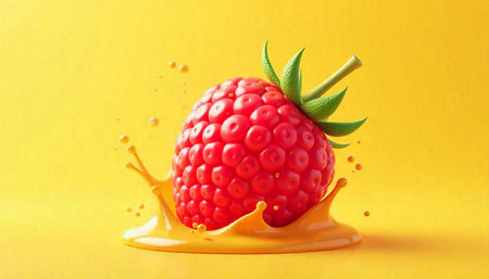 Vibrant raspberry and juice splash against yellow studio backdrop