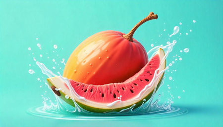 Fresh watermelon slice with mango and water splash effect