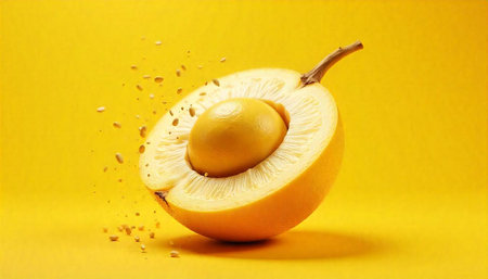 Studio shot of halved melon with seed explosion