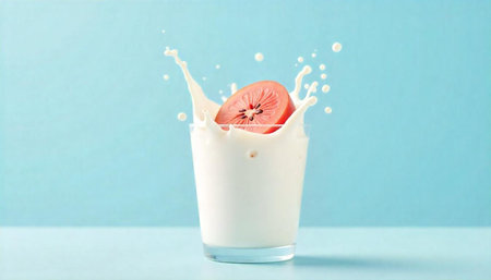 Kiwi splash in glass of milk with cyan backgroundの写真素材