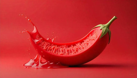 Sliced red chili pepper with juice splash on red backgroundの写真素材