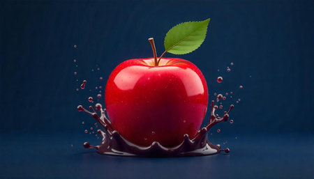 Red apple with stem and leaf on dark background