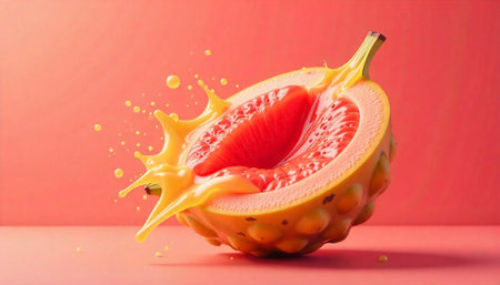 Juicy half of a dragon fruit with liquid splash