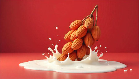 Dates falling into milk splash with red background