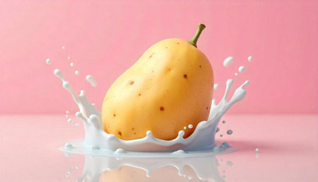 Potato splashing into liquid on pink background