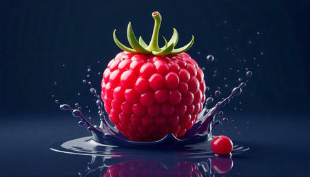 Fresh raspberry surrounded by water droplets on dark backdrop
