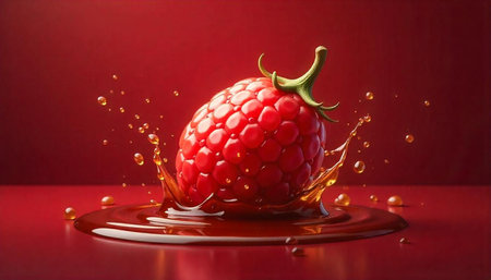 Vibrant raspberry with splash on red background