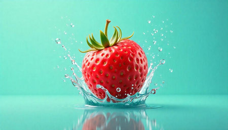 Vibrant strawberry creating splash on a monochrome backgroundの写真素材