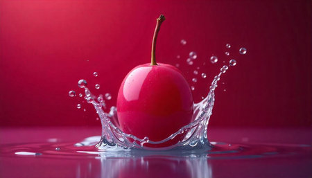 Ripe cherry in water splash on red background