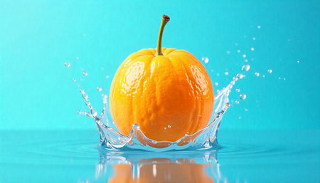 Orange fruit splashing into water against a turquoise background