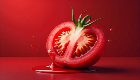 Fresh Tomato Half with Juice on a Red Backgroundの写真素材