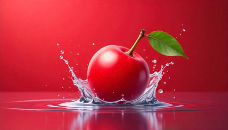 Red apple splashing in water, crisp, and refreshing