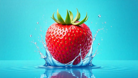 Fresh strawberry splashing into water against a vibrant background