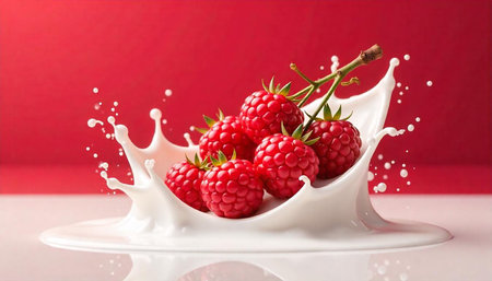 Ripe raspberries cascading into a splash of fresh milk