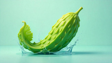 Bright Green Cucumber Splashing into Water on Clean Backgroundの写真素材