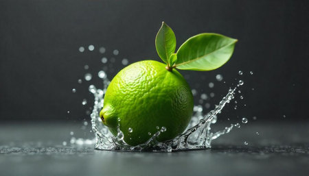 Fresh lime splashing into water on a dark background