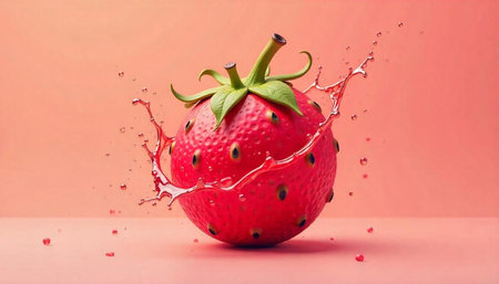 Isolated strawberry with splash on a soft pink backgroundの写真素材