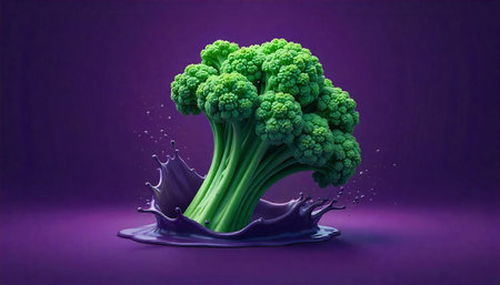 Broccoli head creating a splash on a purple background