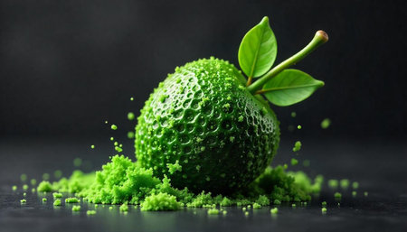 Abstract green fruit with leaves and powdery substance