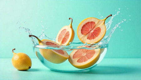 Fresh grapefruit halves splashing in water bowl on teal backgroundの写真素材