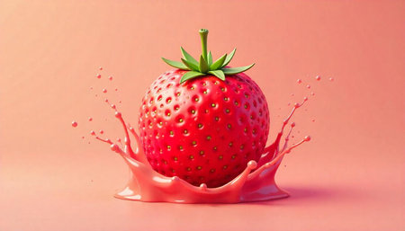 Ripe strawberry in splash of pink creamy fluidの写真素材