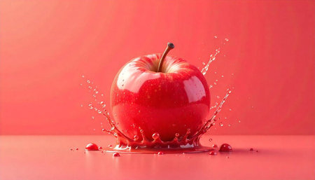 Vibrant red apple splash with monochromatic background detailの写真素材