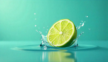 Fresh lime slice splashing into water on turquoise background