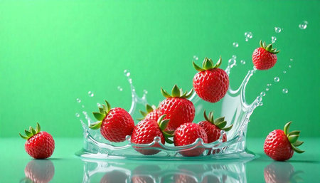 Fresh strawberries falling into splashing water with a green background