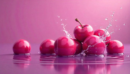 Fresh cherries splashing in water on a pink background