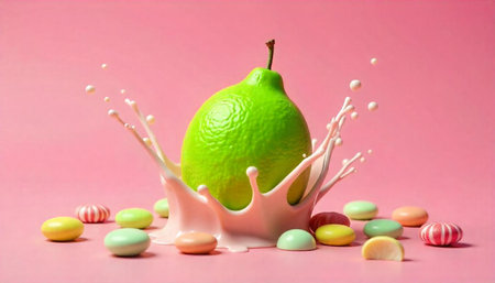 Bright Green Pear Surrounded by Splash and Candy Disks