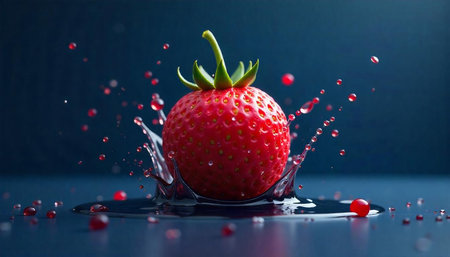 Fresh strawberry splashing in water against a dark background