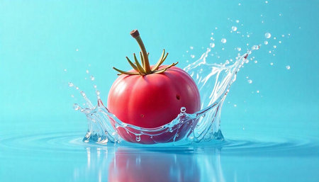 Tomato splash in water on light blue background imageの写真素材