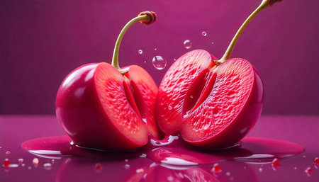 Sliced cherries on magenta surface close-up with droplets
