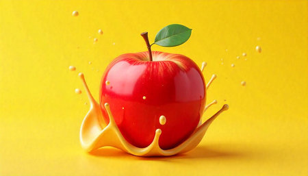 Fresh red apple surrounded by vibrant yellow liquid splash