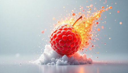 Raspberry fruit close-up with a burst of vibrant particlesの写真素材