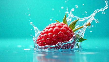 Raspberry splashing in clear water with turquoise background