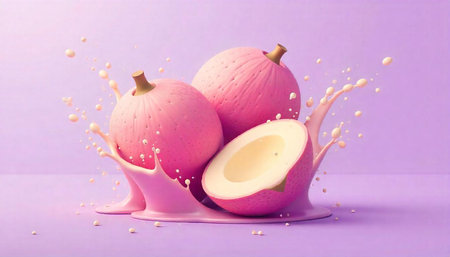 Pink lychee fruit with splashing liquid in a studio