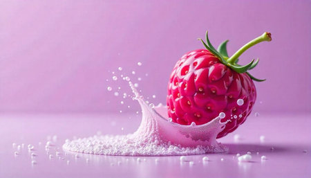 Fresh Strawberry Splashing in Pink Cream on Lavender Background