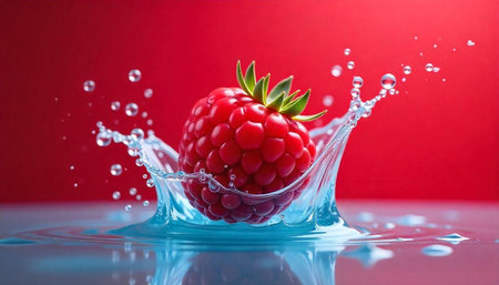 Fresh raspberry splashing into crystal clear water, bright backgroundの写真素材